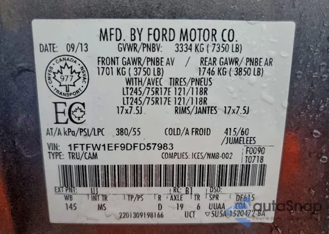 2013 Ford F150 Supercrew z USA, uszkodzony, nr VIN 1FTFW1EF9DFD57983